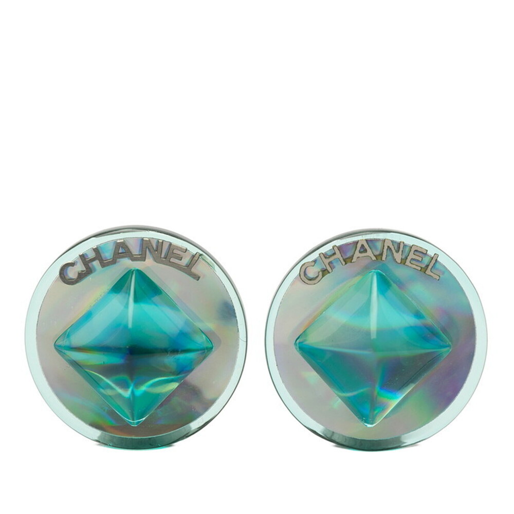 Chanel Logo Aurora Round Pyramid Earrings, 00T Engraving, Blue Plastic, Women...